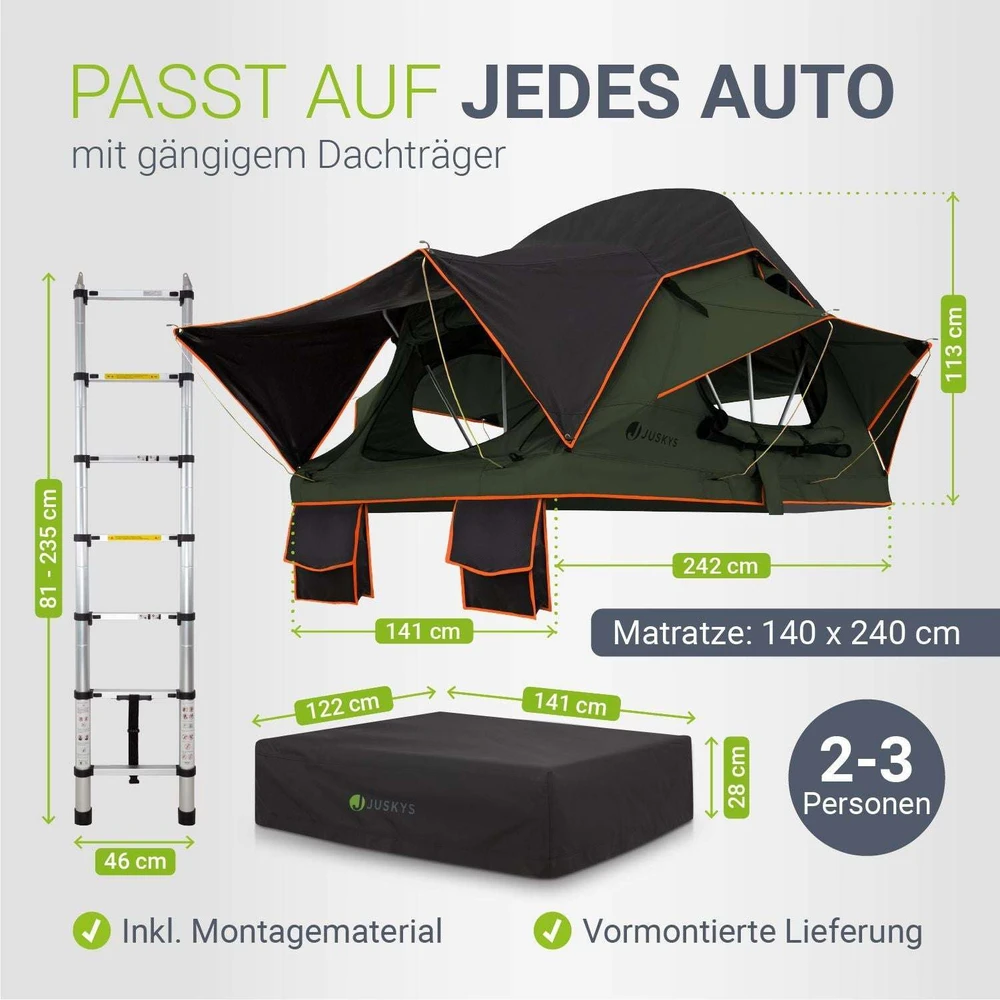 Juskys Automobilio stogo palapinė Lago 123x218x113 cm juoda/pilka