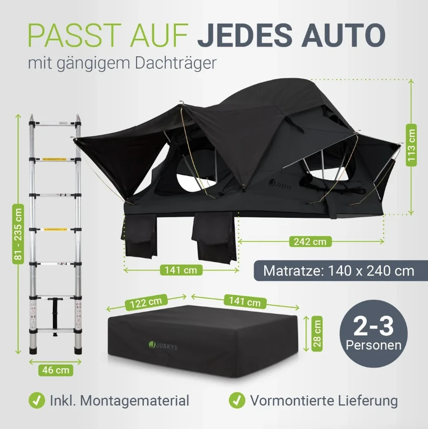 Juskys Automobilio stogo palapinė Lago 140x240 cm juoda