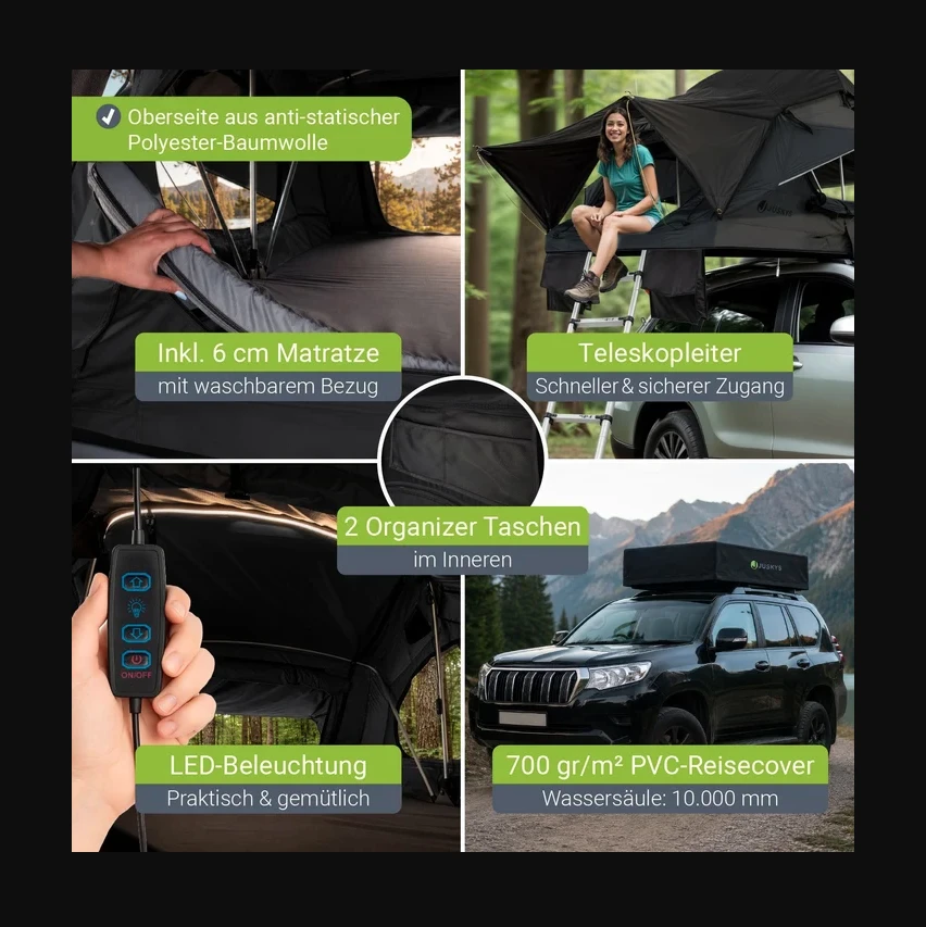 Juskys Automobilio stogo palapinė Lago 140x240 cm juoda
