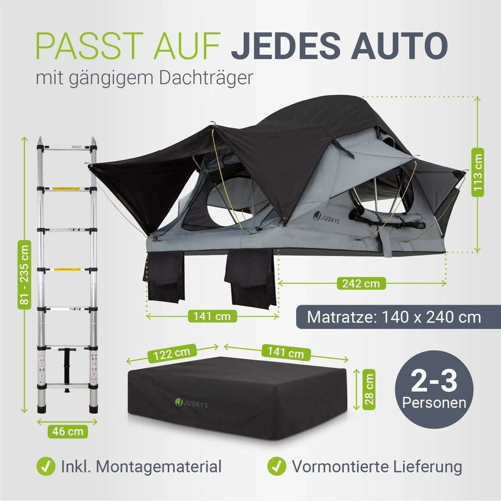 Juskys Automobilio stogo palapinė Lago 140x240 cm juoda/pilka