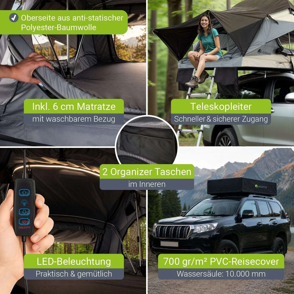 Juskys Automobilio stogo palapinė Lago 140x240 cm juoda/pilka