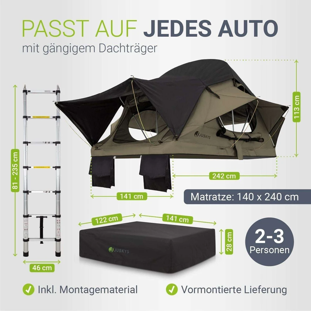 Juskys Automobilio stogo palapinė Lago 140x240 cm juoda/khaki