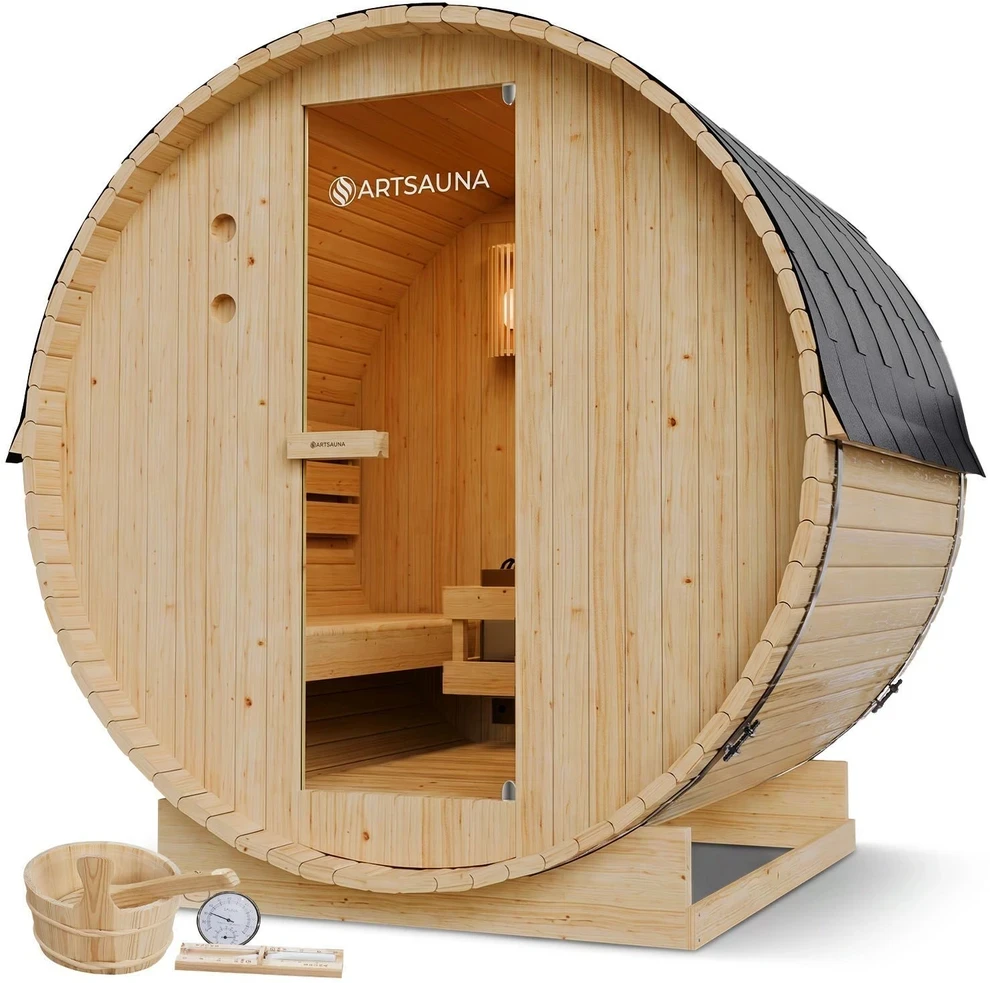 Juskys Barrel pirtis Spitzbergen 4 asmenims 180 cm su 6 kW pirties krosnele