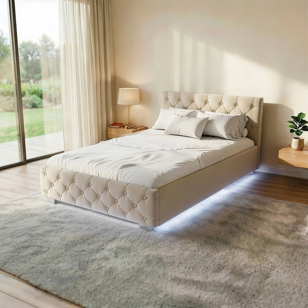 Lova Juskys Čiužinys Nizza su lovos dėže ir LED apšvietimu 120x200 cm smėlio spalvos