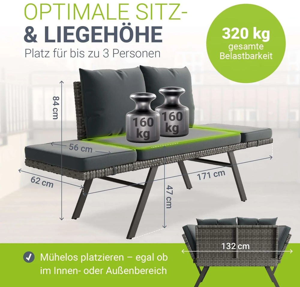 Juskys Daugiafunkcinė suoliukas Calvia 132x62x84 cm pilkai margas/pilkas