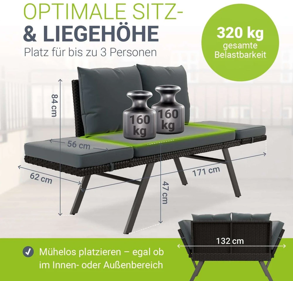Juskys Daugiafunkcinė suoliukas Calvia 132x62x84 cm juoda/pilka