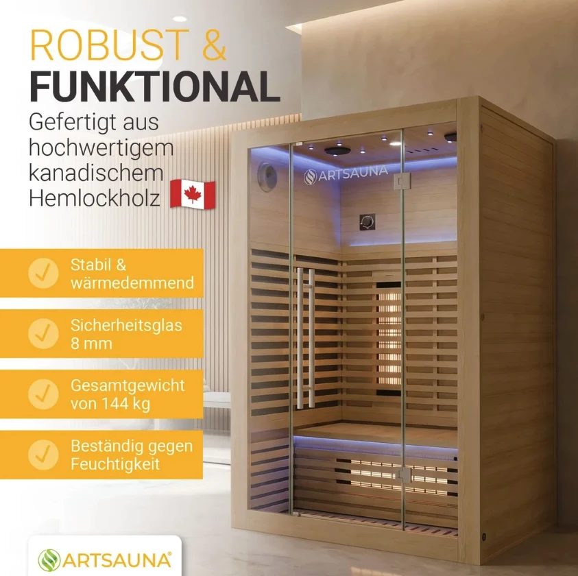 Juskys Infraraudonųjų spindulių kabina Trondheim120 2 asmenims, natūralaus Hemlock medžio