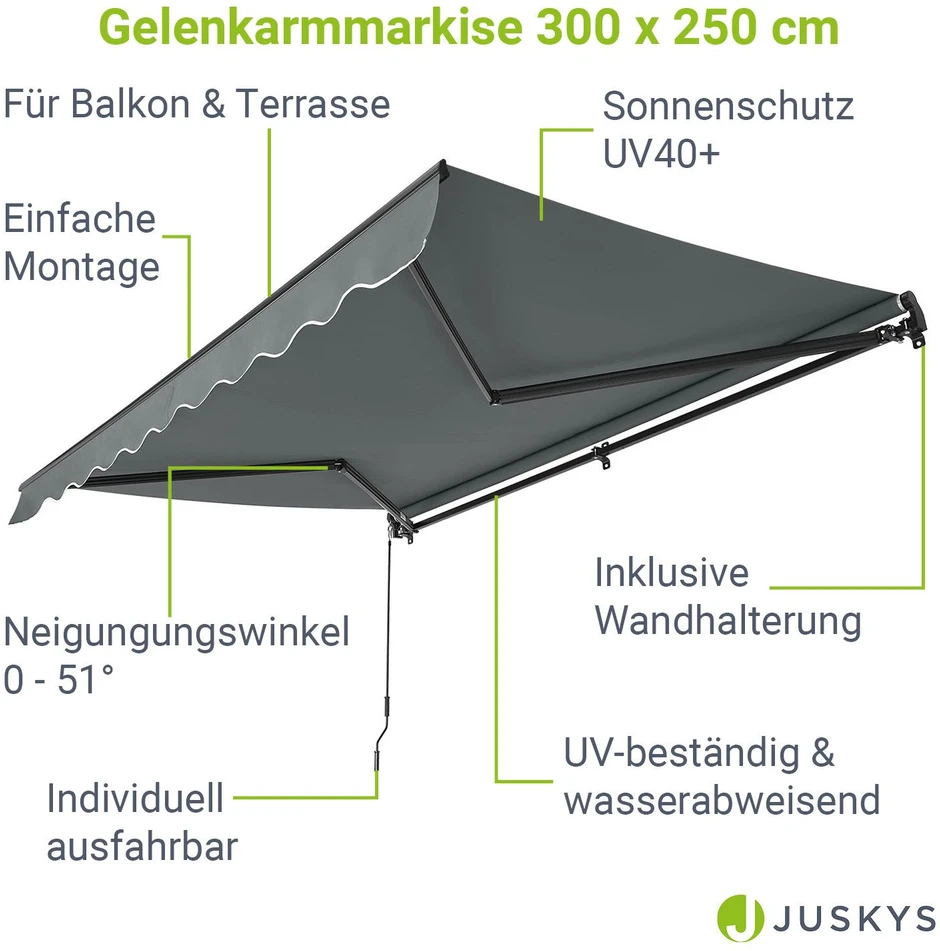 Juskys Ištraukiamas markizės stogelis 300x250 cm pilkas