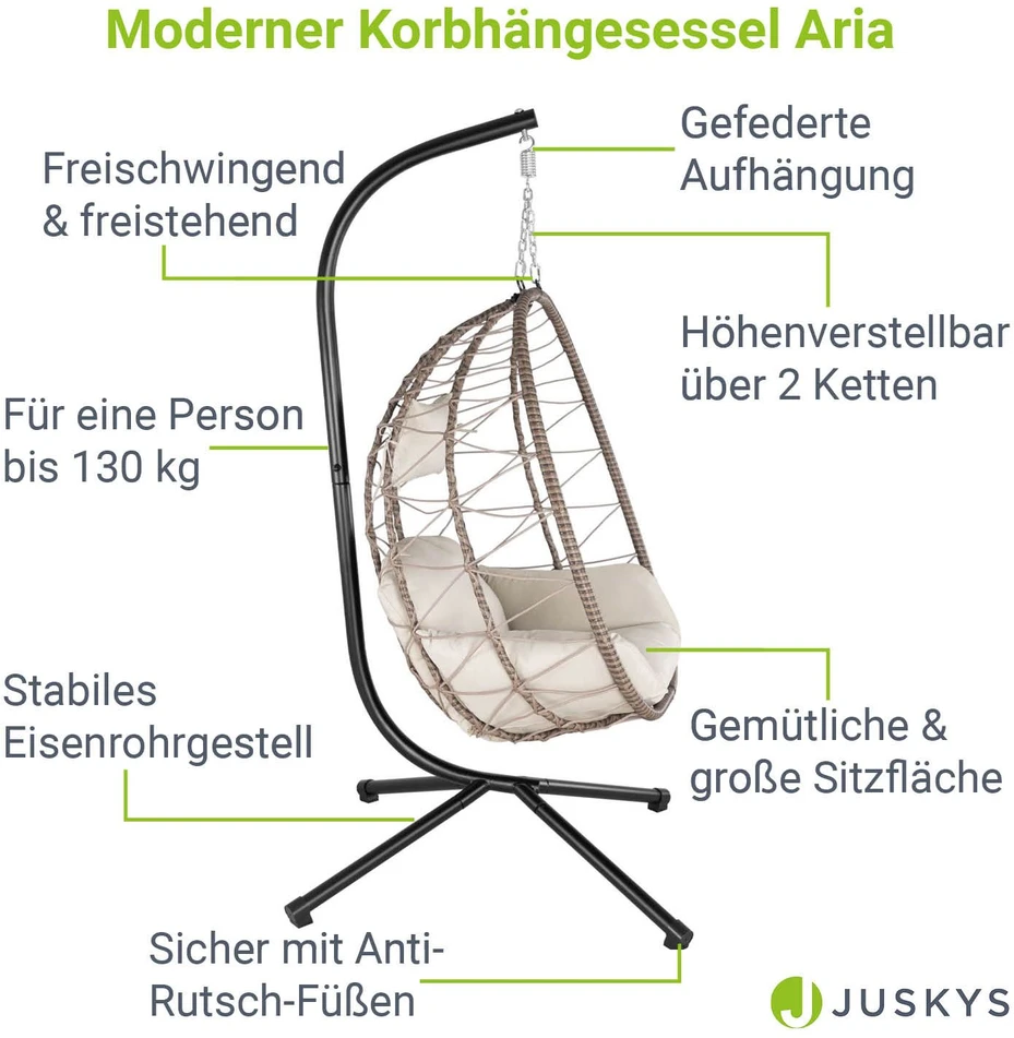 Juskys Kabantis kiaušinio formos krėslas Aria su stoveliu 95x95x196 cm tamsiai pilkas