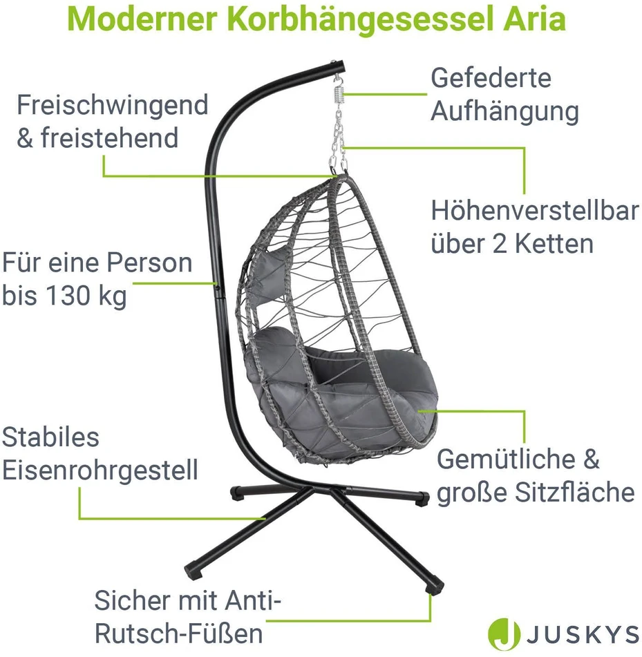 Juskys Kabantis kiaušinio formos krėslas Aria su stoveliu 95x95x196 cm tamsiai pilkas
