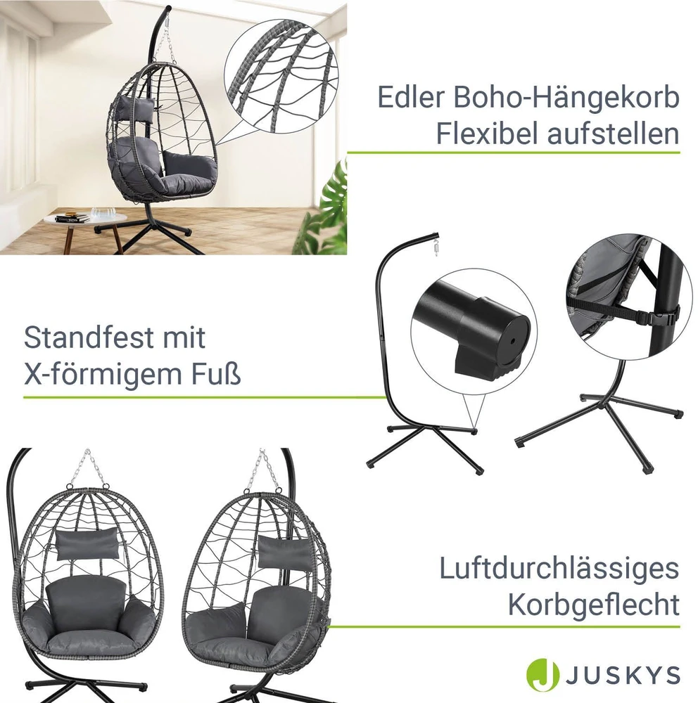 Juskys Kabantis kiaušinio formos krėslas Aria su stoveliu 95x95x196 cm tamsiai pilkas