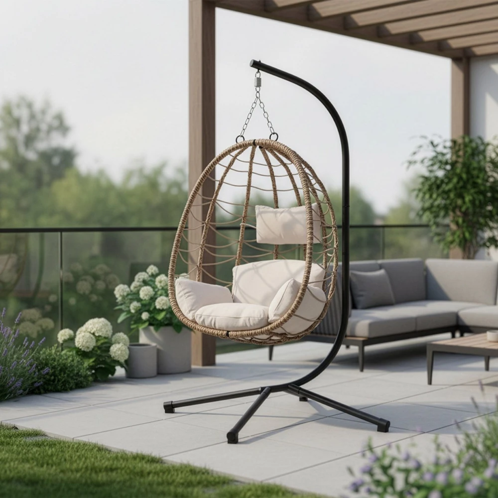 Juskys Kabantis kiaušinio formos krėslas Aria su stoveliu 95x95x196 cm tamsiai pilkas