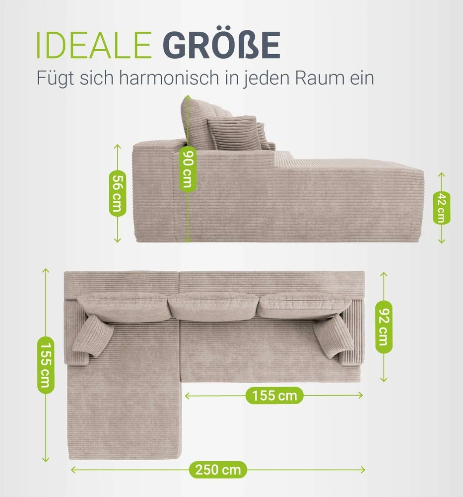 Juskys Kampinė sofa Coredo 250x56x155 cm taupe, kairinis pufas