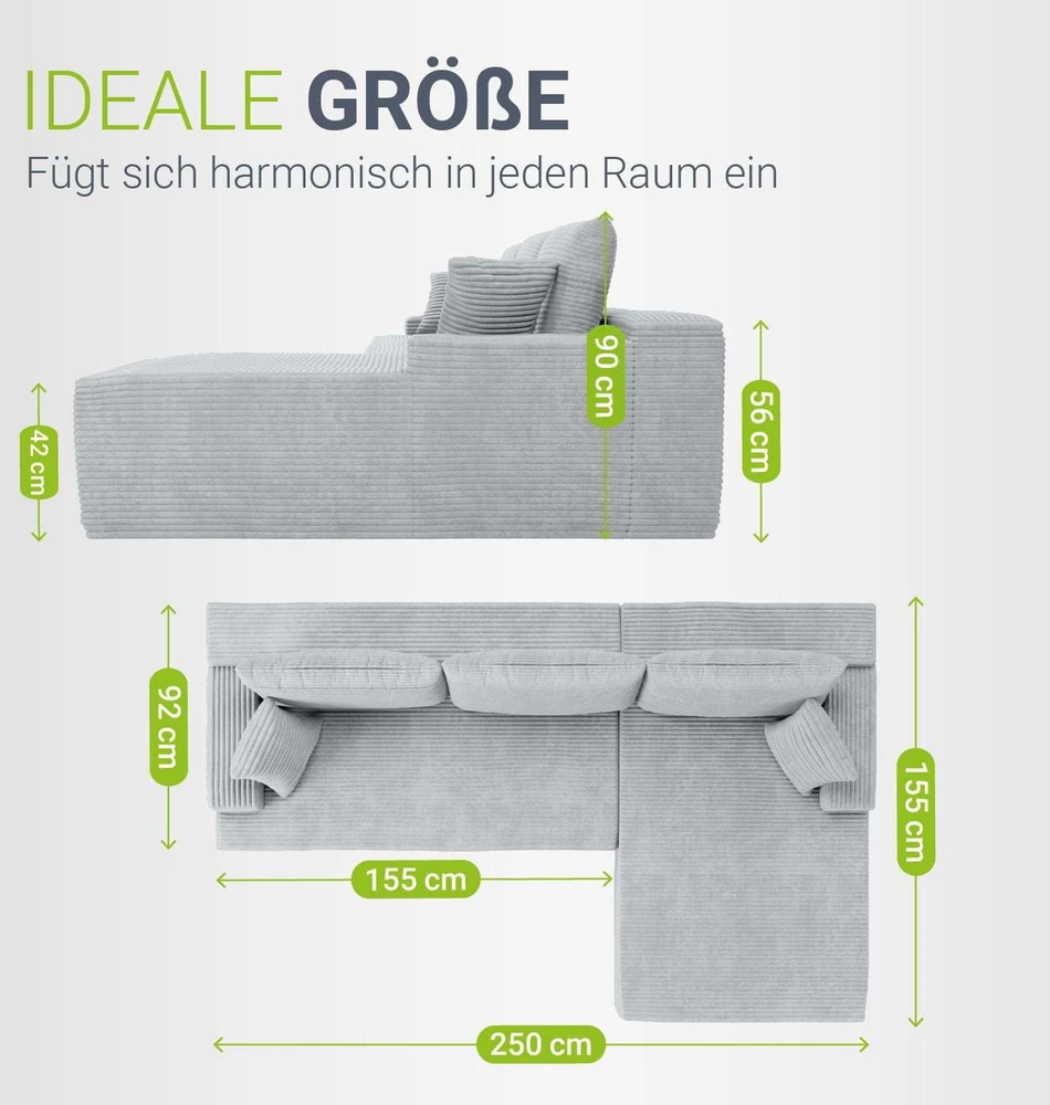 Juskys Kampinė sofa Coredo 250x56x155 cm šviesiai pilka dešinė ottoman dalis