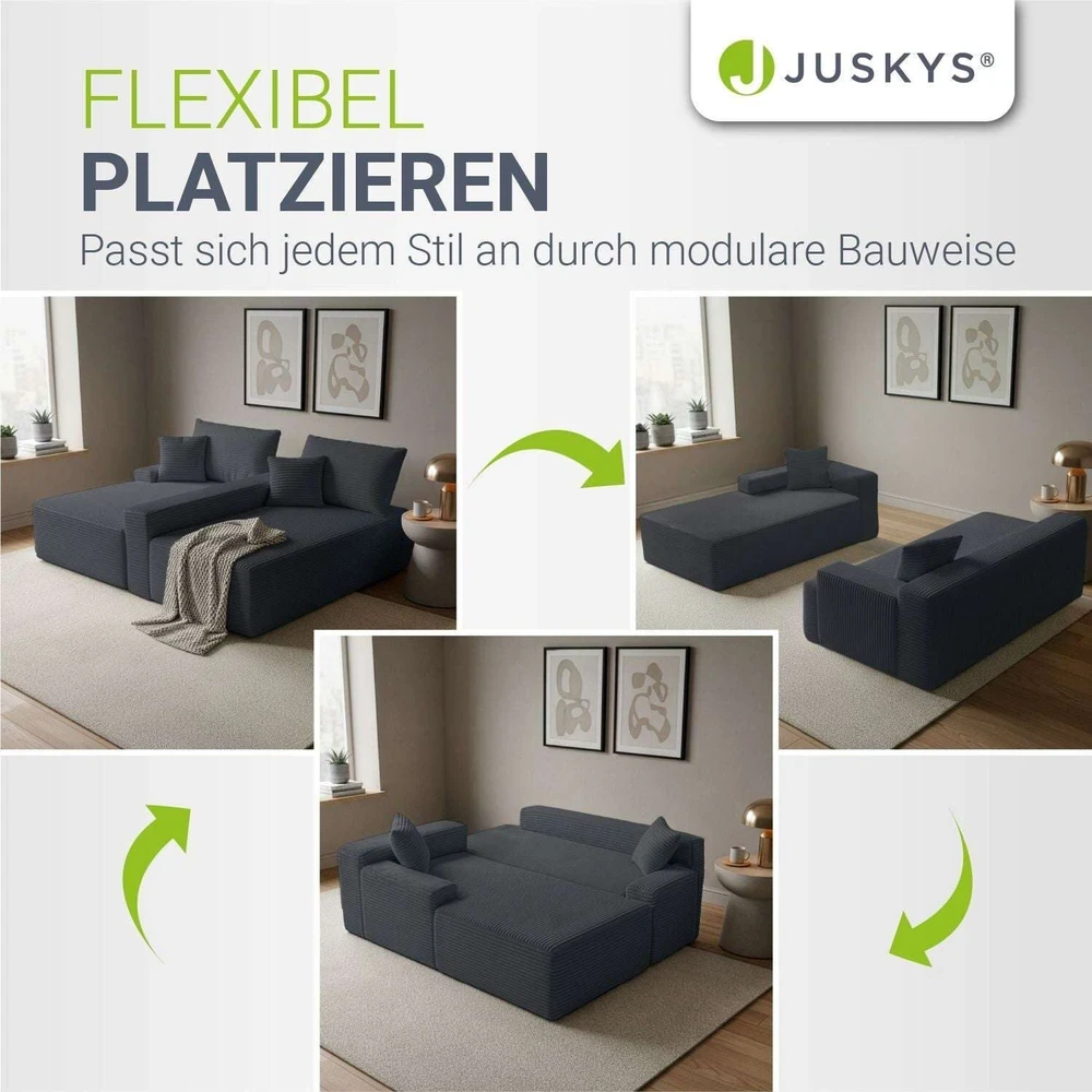 Juskys Kampinė sofa Coredo Cord 250x56x155 cm tamsiai pilka su pufu kairėje