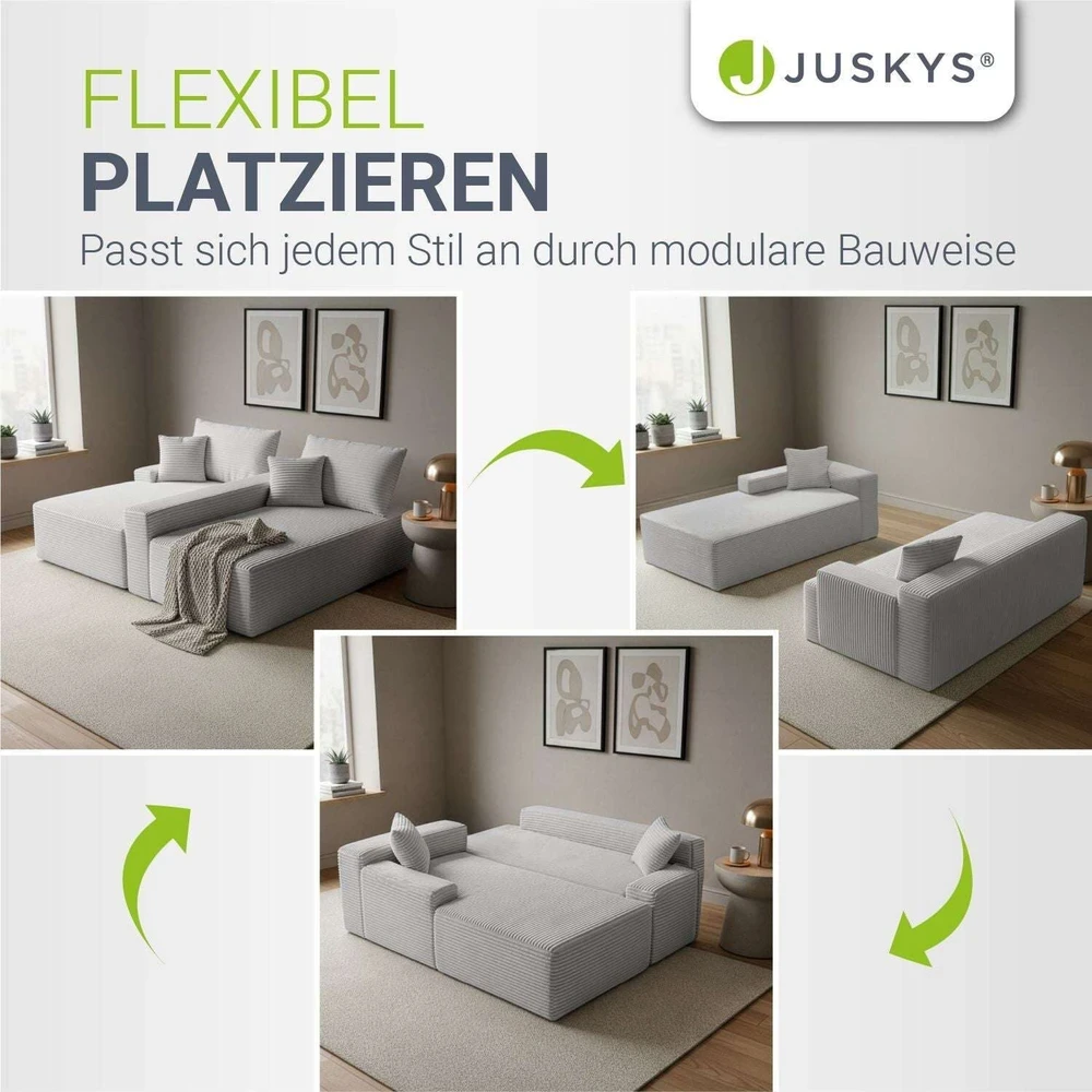 Juskys Kampinė sofa Coredo Cord 250x56x155 cm šviesiai pilka, pufas kairėje