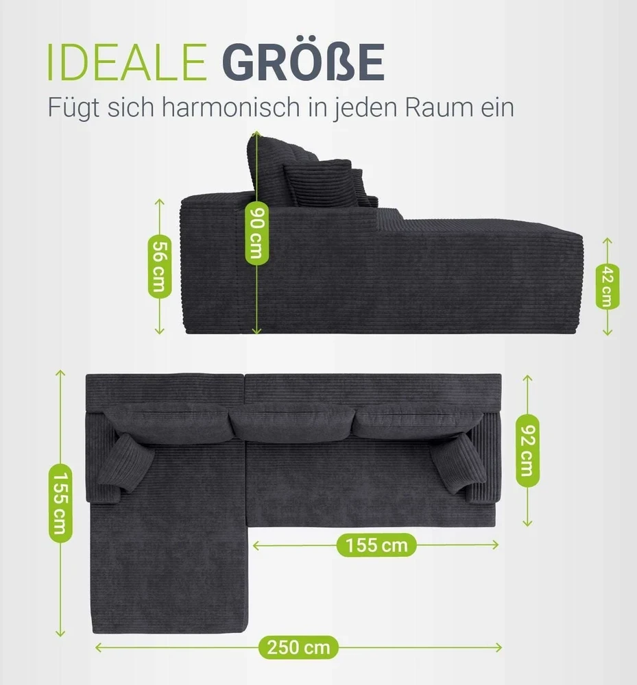 Juskys Kampinė sofa Coredo Cord 250x56x155 cm tamsiai pilka su pufu kairėje