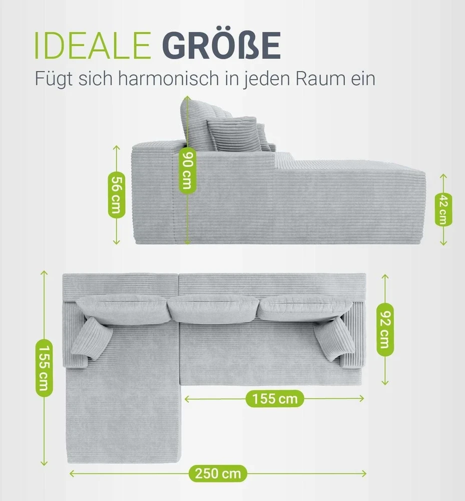 Juskys Kampinė sofa Coredo Cord 250x56x155 cm šviesiai pilka, pufas kairėje
