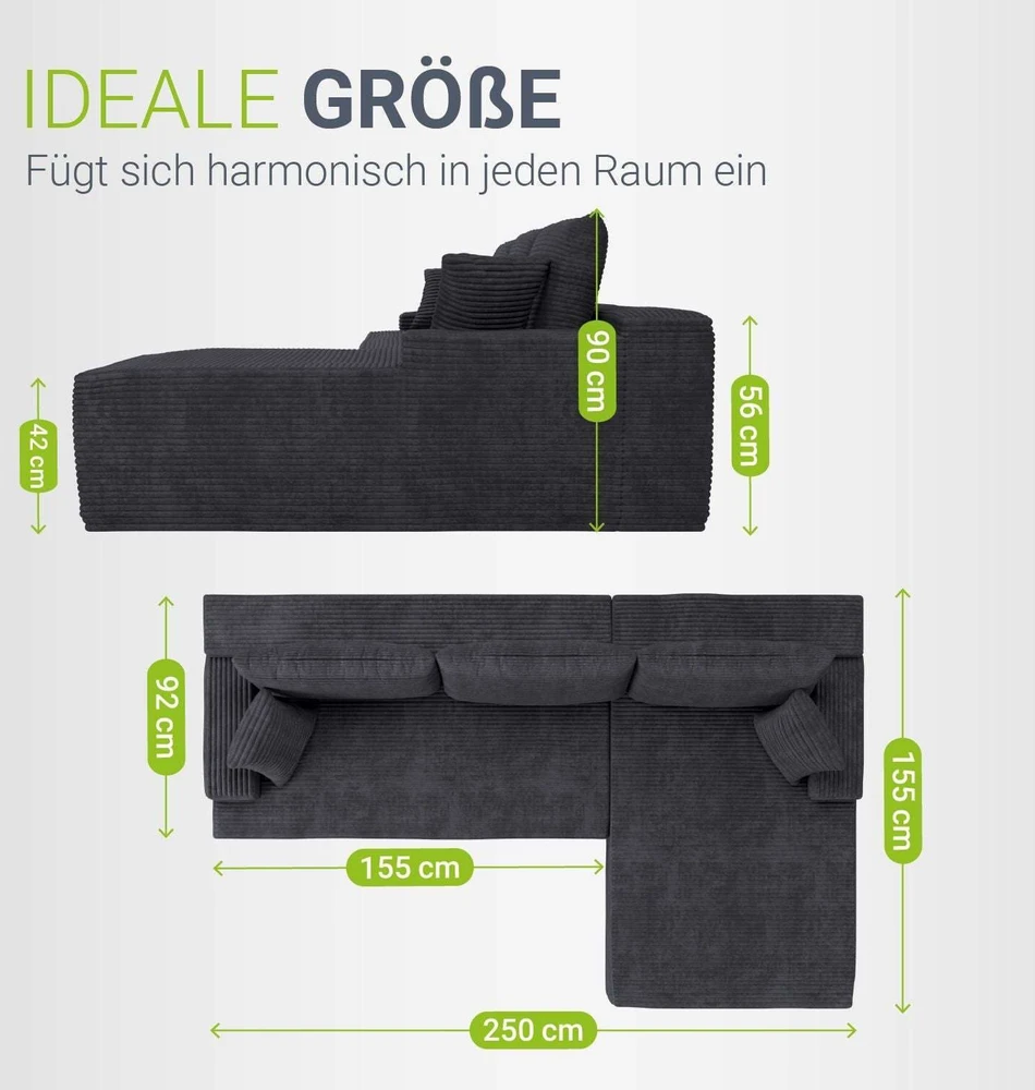 Juskys Kampinė sofa Coredo su otomanu dešinėje 250x56x155 cm tamsiai pilka