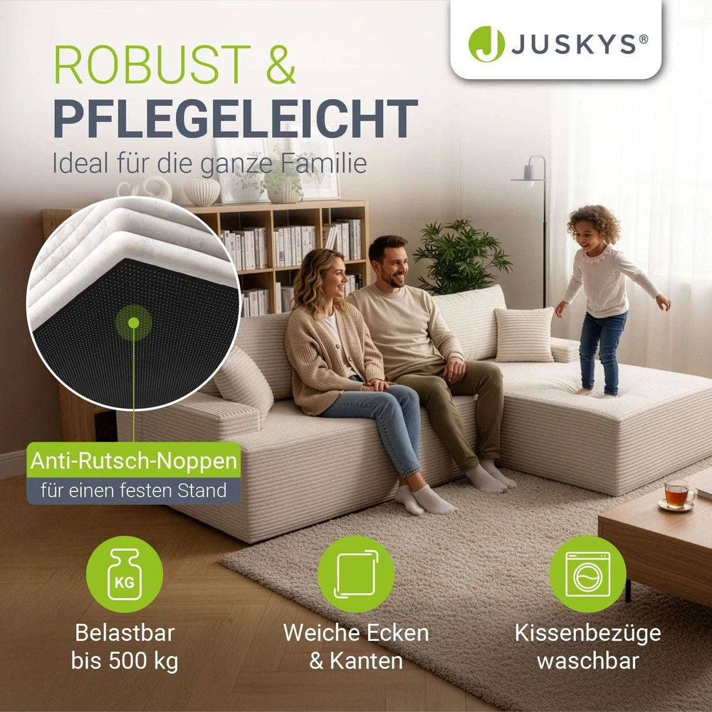 Juskys Kampinė sofa Coredo su pufiku dešinėje 250x56x155 cm kreminė