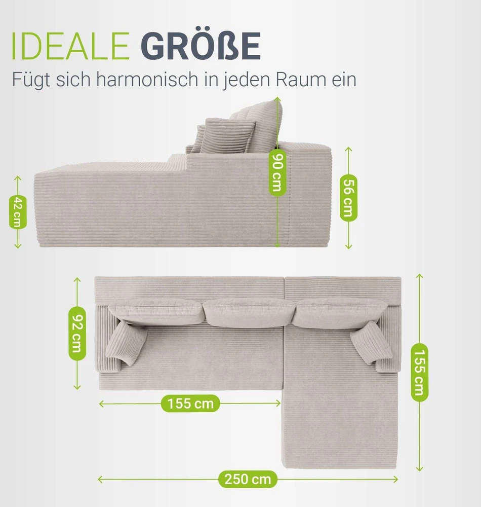 Juskys Kampinė sofa Coredo su pufiku dešinėje 250x56x155 cm kreminė
