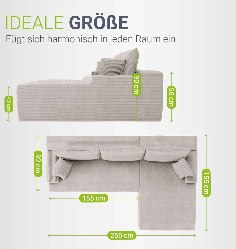 Juskys Kampinė sofa Coredo su pufiku dešinėje 250x56x155 cm kreminė