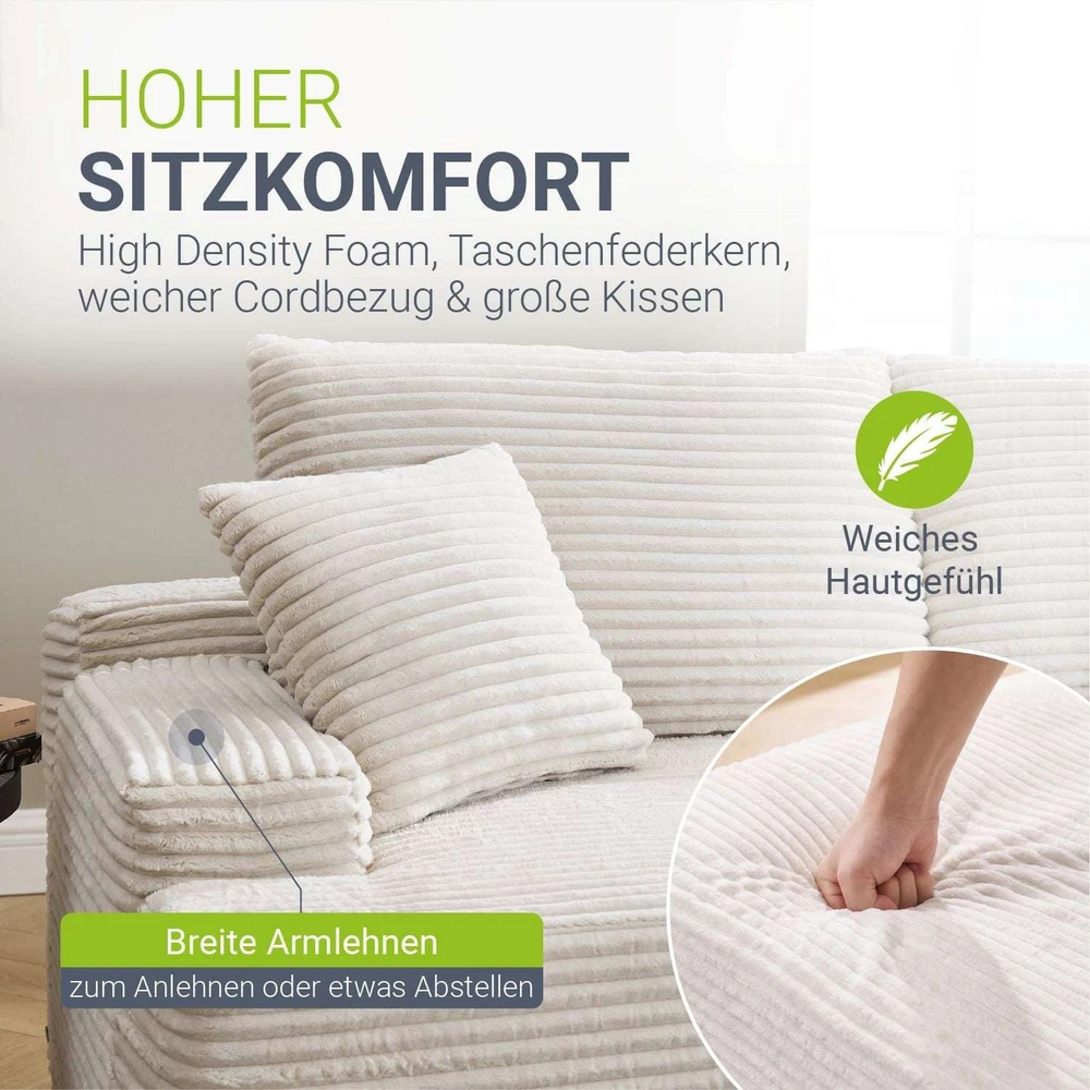 Juskys Kampinė sofa Coredo su pufiku dešinėje 250x56x155 cm kreminė