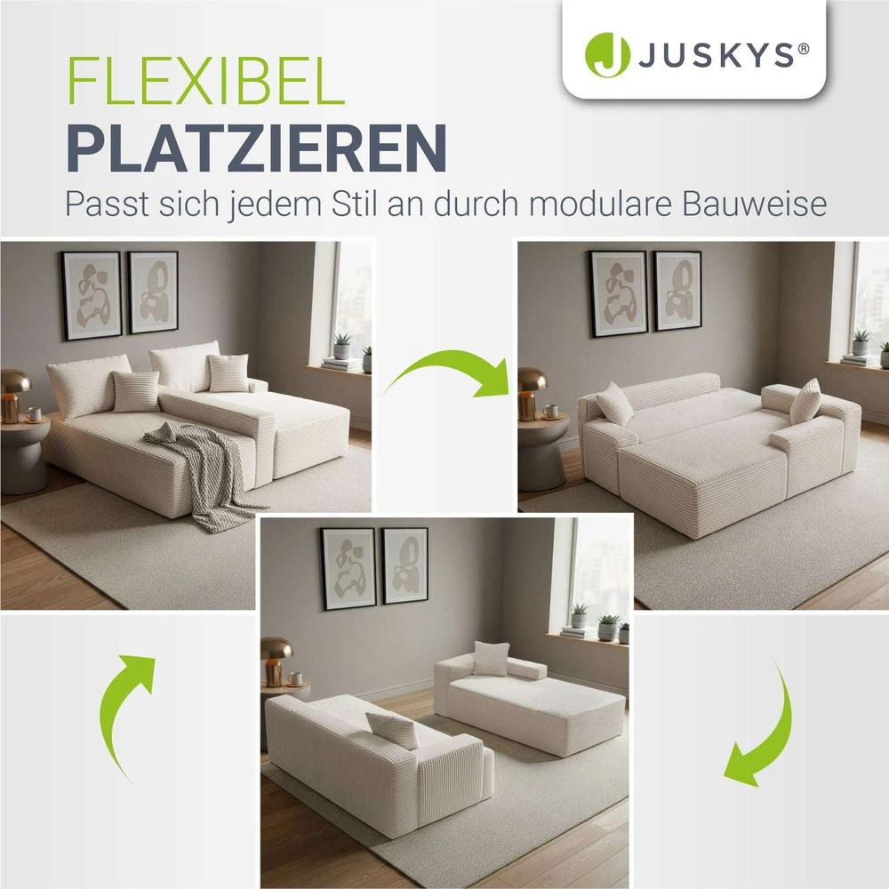 Juskys Kampinė sofa Coredo su pufiku dešinėje 250x56x155 cm kreminė