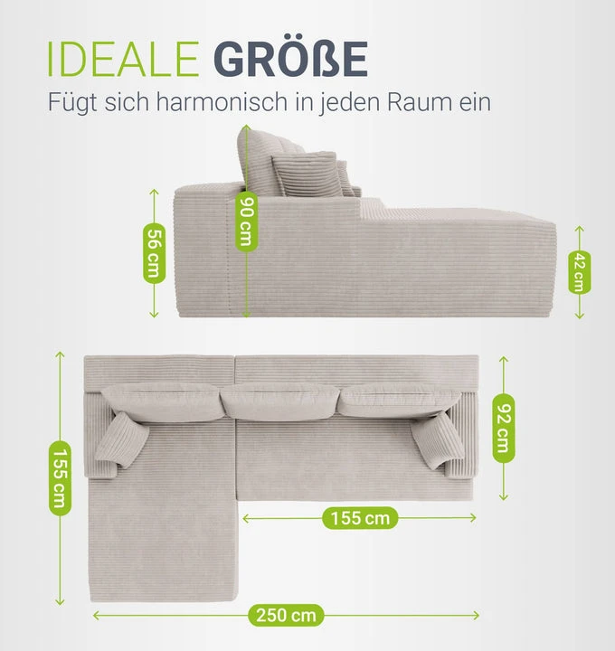 Juskys Kampinė sofa Coredo su pufu kairėje, smėlio spalvos
