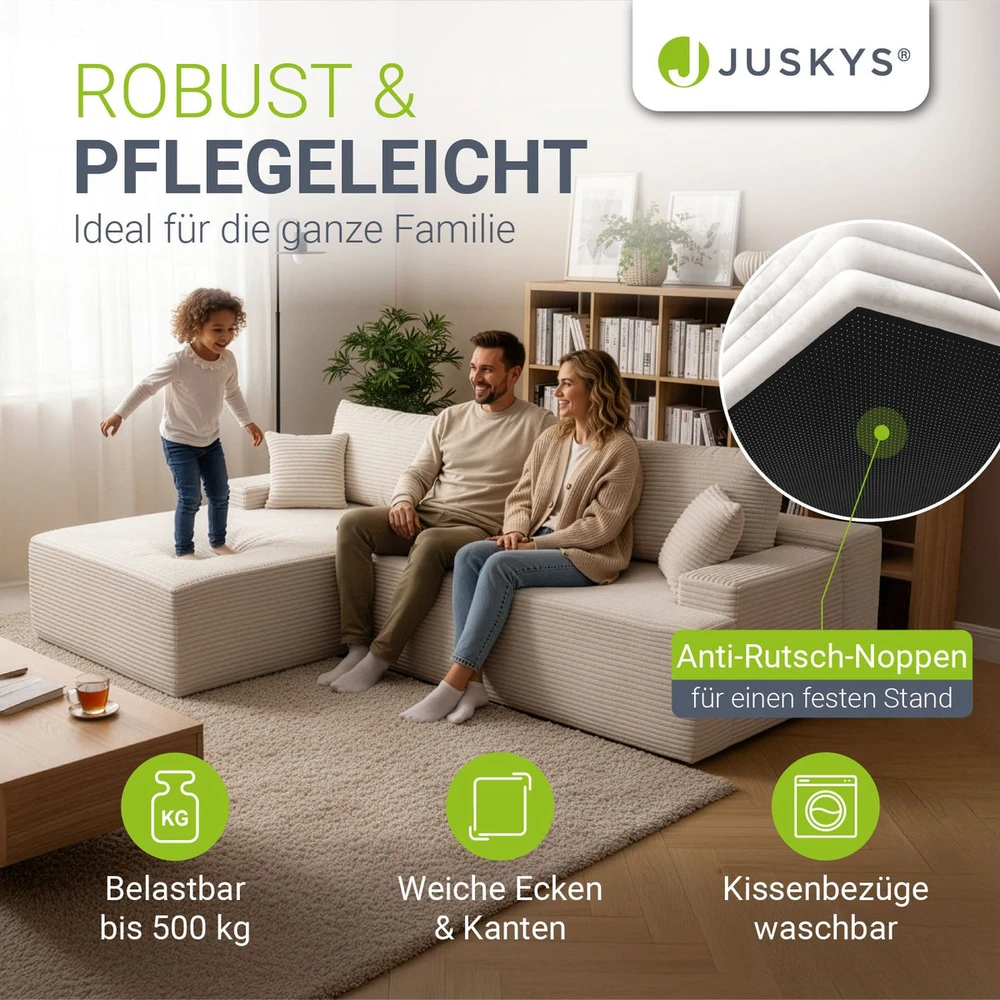 Juskys Kampinė sofa Coredo su pufu kairėje, smėlio spalvos