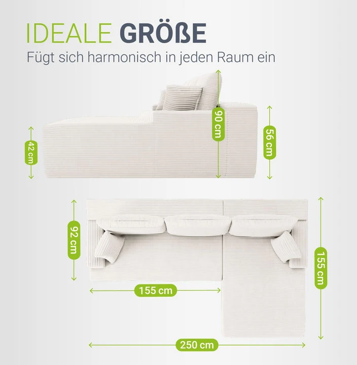 Juskys Kampinė sofa Homestar Coredo su dešiniuoju otomanu, kreminė