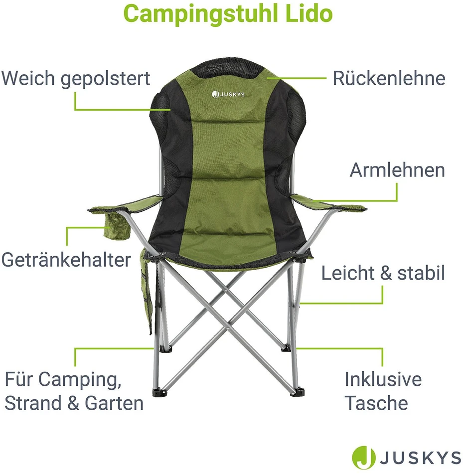 Juskys Kempingo kėdė Lido su butelio laikikliu ir nešiojimo krepšiu 62x62x102 cm žalia