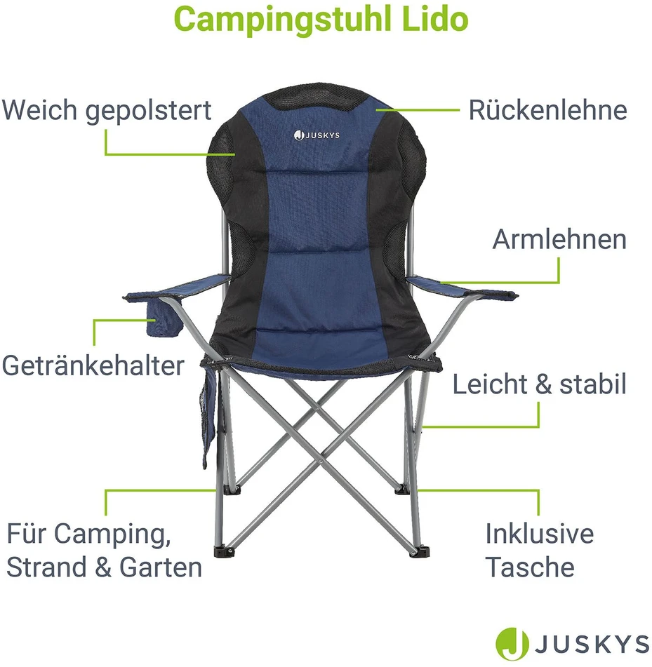 Juskys Kempingo kėdė Lido su butelių laikikliu ir nešiojimo krepšiu 62x62x102 cm tamsiai mėlyna