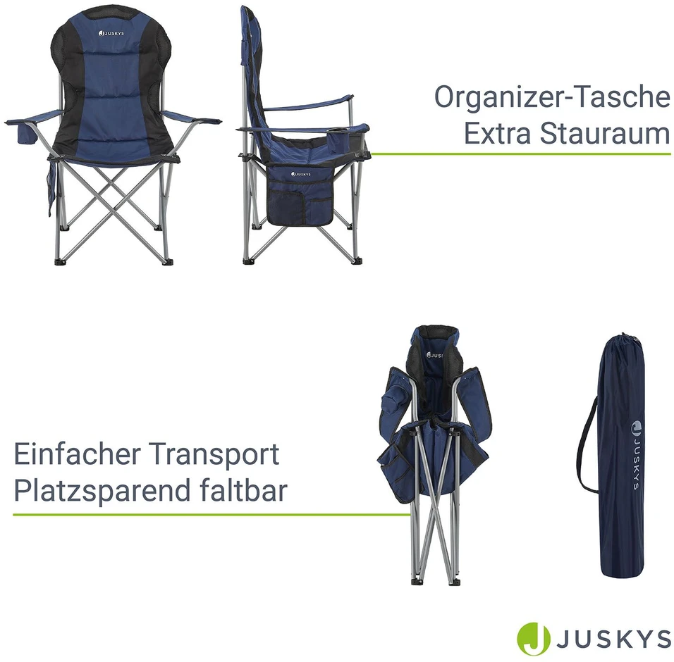 Juskys Kempingo kėdė Lido su butelių laikikliu ir nešiojimo krepšiu 62x62x102 cm tamsiai mėlyna