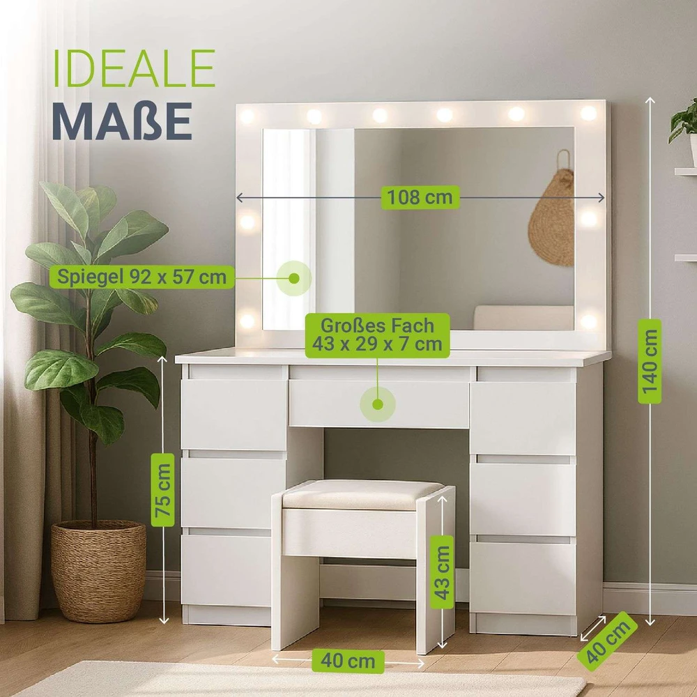 Juskys Komedonas Lilia su LED ir taburetė Melly 108x41x140 cm balta