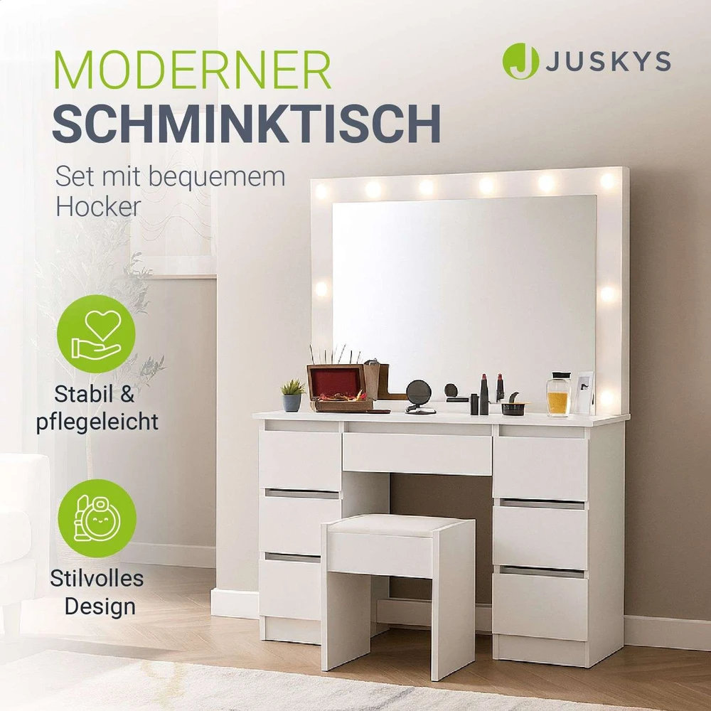Juskys Komedonas Lilia su LED ir taburetė Melly 108x41x140 cm balta