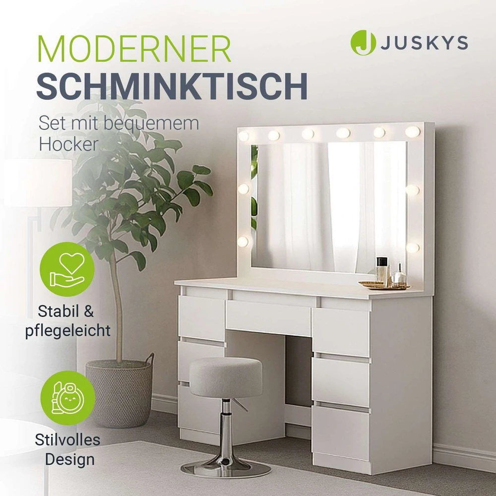 Juskys Komedonas Lilia su LED ir taburetė Tonia 108x41x140 cm balta