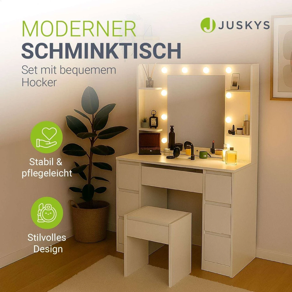 Juskys Komedonas Malia su LED ir taburetė Melly 107x40x140 cm balta