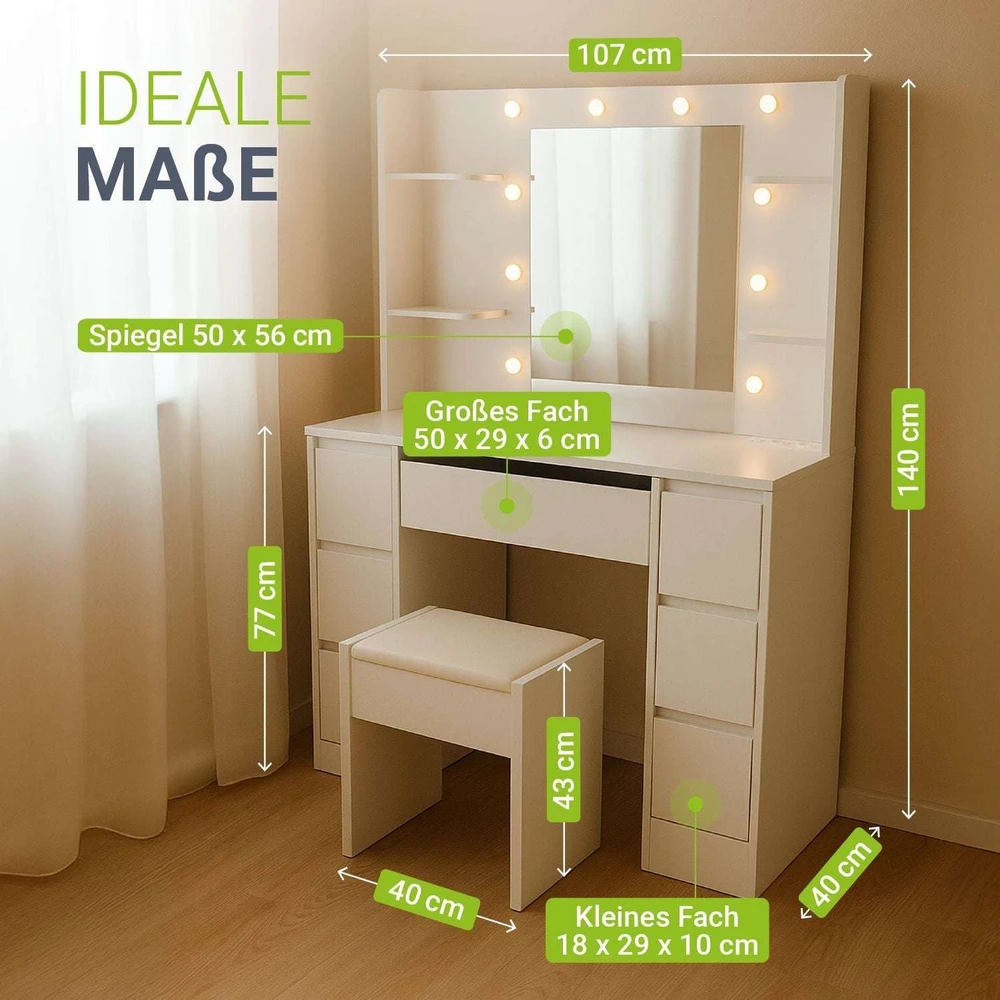 Juskys Komedonas Malia su LED ir taburetė Melly 107x40x140 cm balta