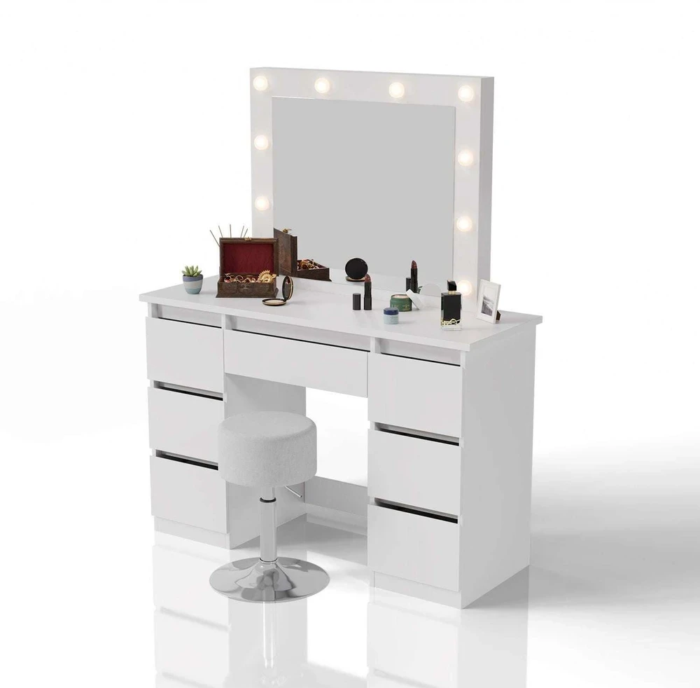 Juskys Kosmetinis staliukas Talea su LED ir taburetė Tonia 110x40x141 cm balta