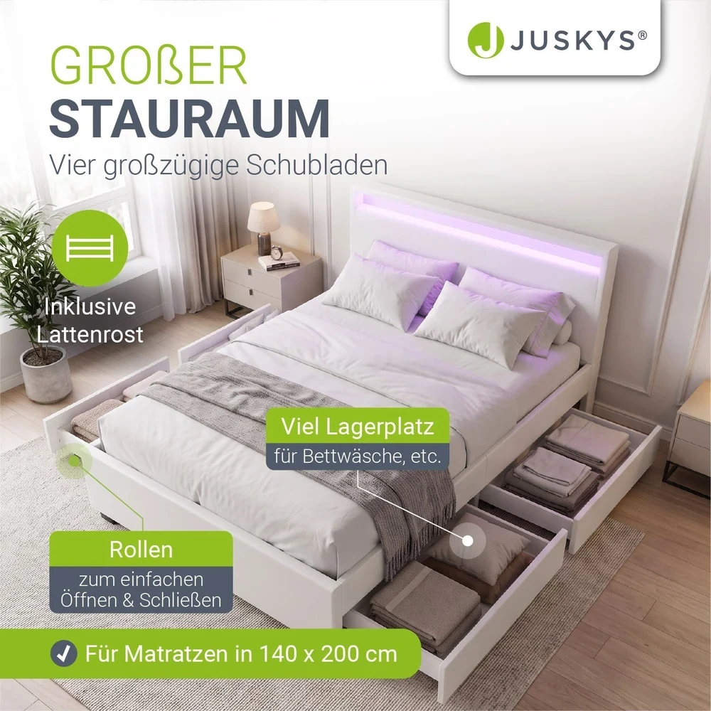 Juskys Lakuotas lova Lyon su daiktadėže 140x200 cm balta