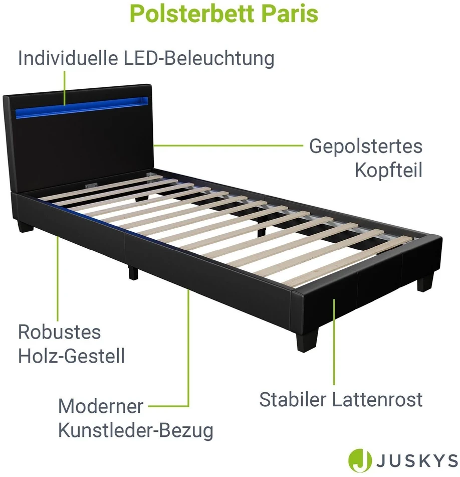 Juskys Lakuotas lova Paris 90x200 cm juoda su LED apšvietimu