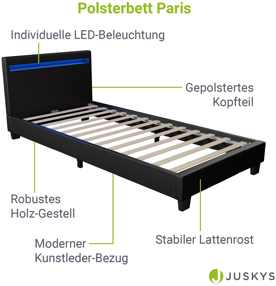 Juskys Lakuotas lova Paris 90x200 cm juoda su LED apšvietimu