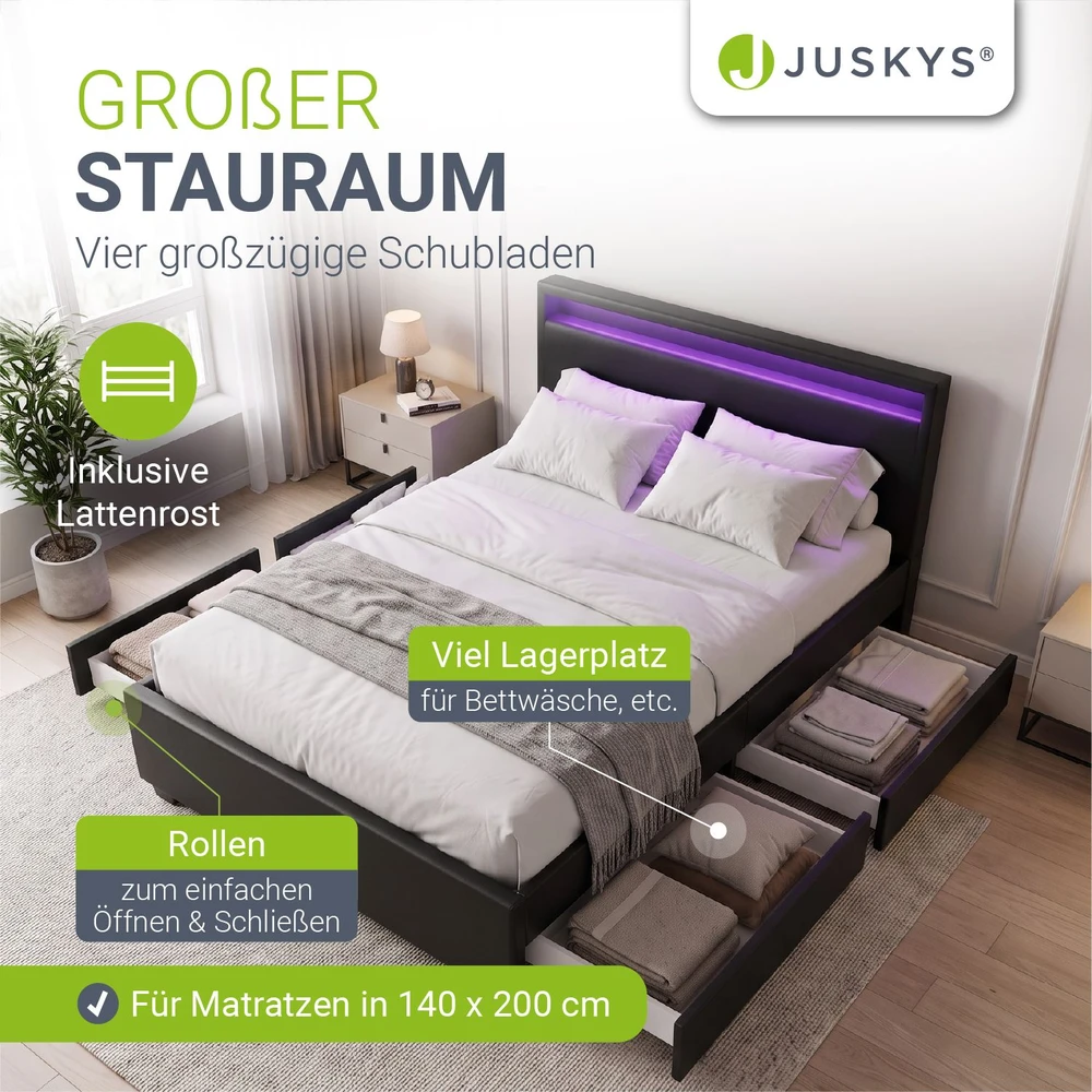 Juskys Lyon aptrauktas lova su daiktadėže 140x200 cm juoda