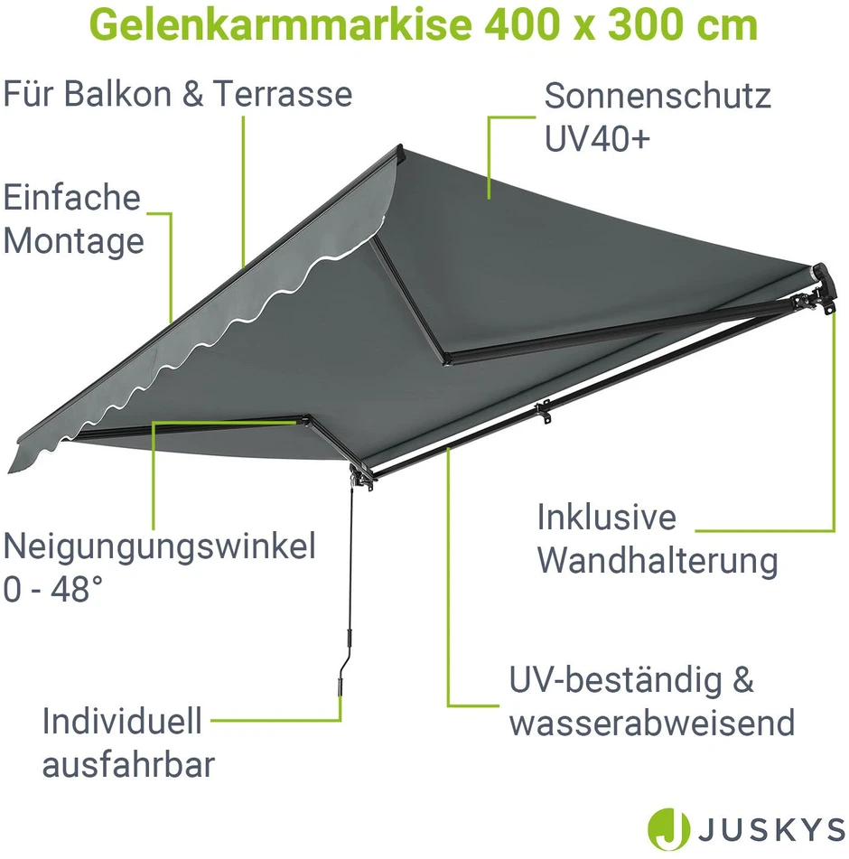 Juskys Ištraukiamas markizės stogelis 400x300 cm pilkas