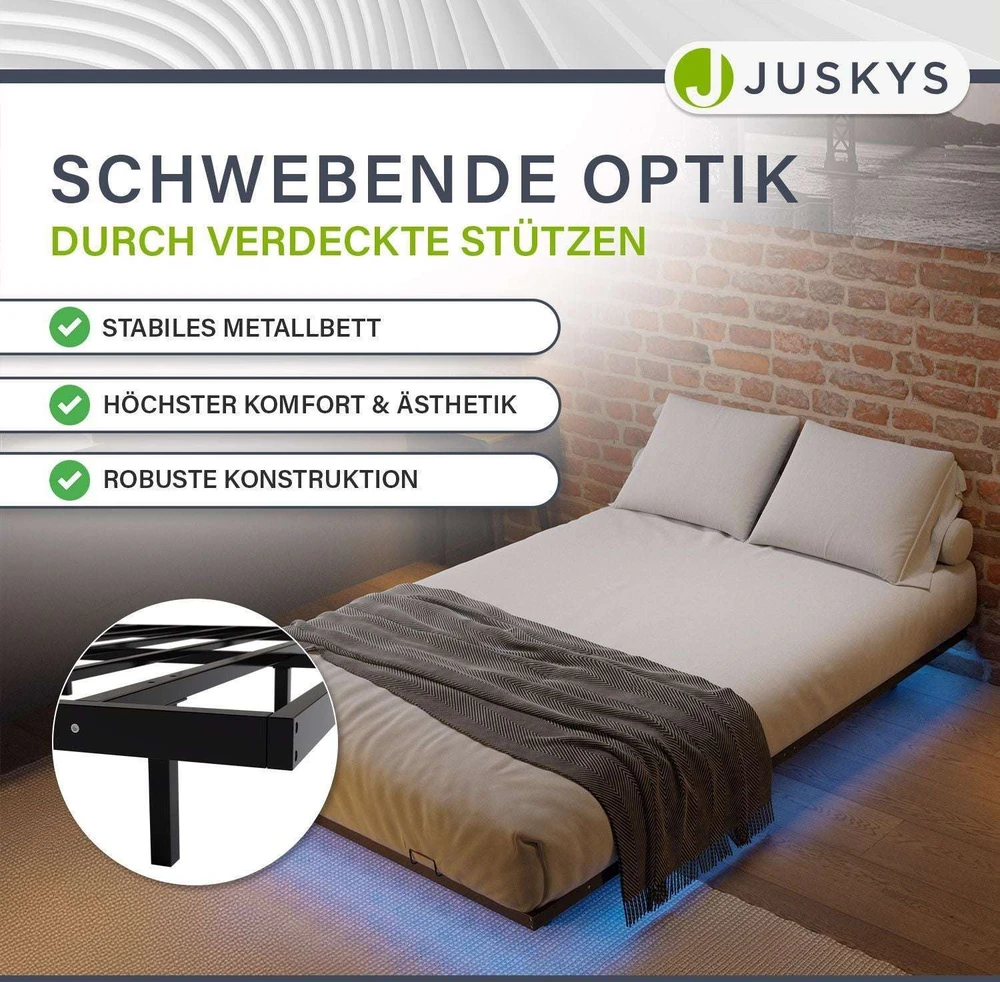 Lova Juskys Metalinis lovos rėmas Palamos 140x200x20 cm juodas su LED