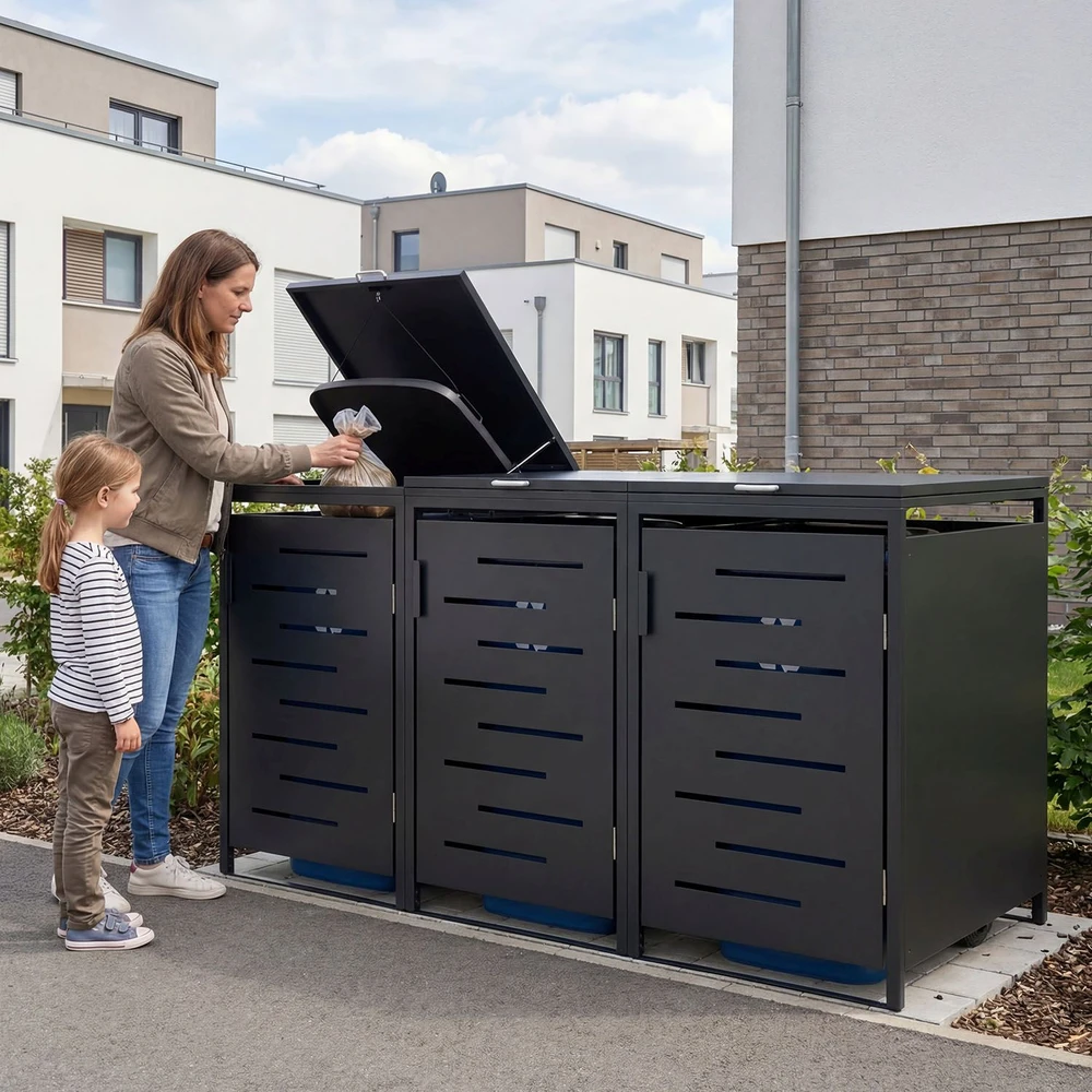 Juskys Metalinis ratinis šiukšlių dėžės dėžė Arel 3 konteineriai 136x120x80 cm antracito spalvos