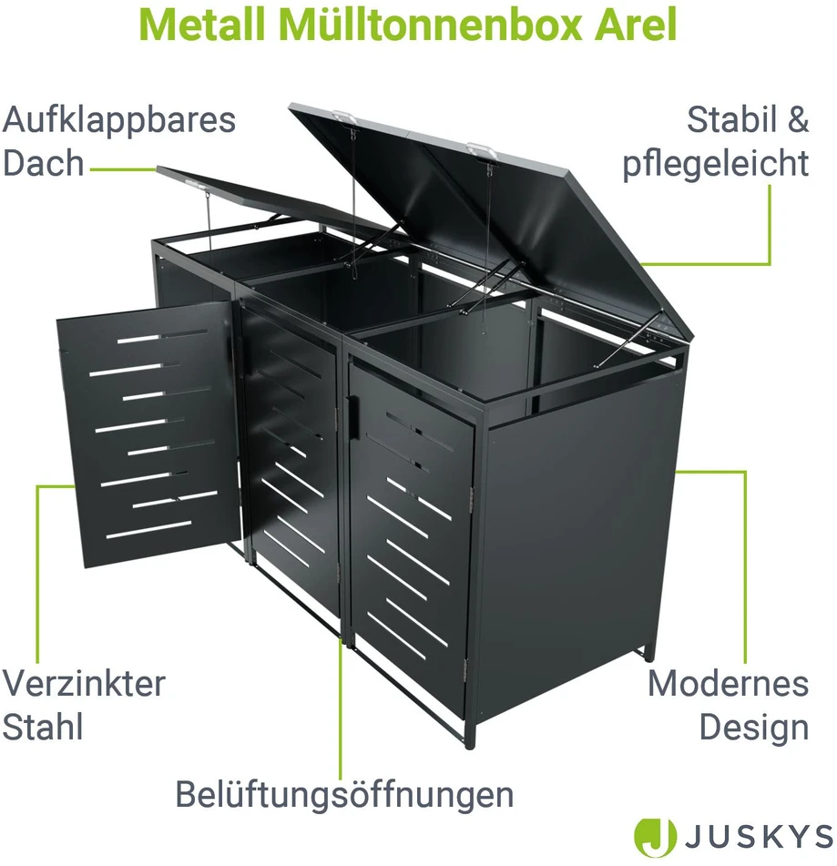 Juskys Metalinis ratinis šiukšlių dėžės dėžė Arel 3 konteineriai 136x120x80 cm antracito spalvos