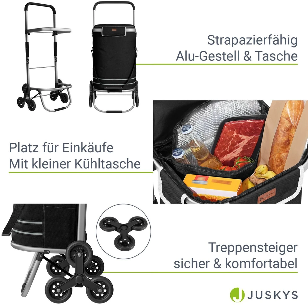 Juskys Pirkinių vežimėlis su laiptų kopikliu 56 L juodas