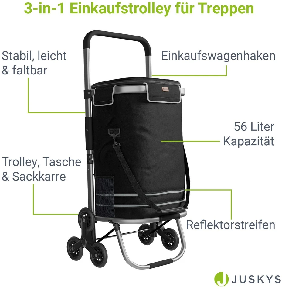 Juskys Pirkinių vežimėlis su laiptų kopikliu 56 L juodas